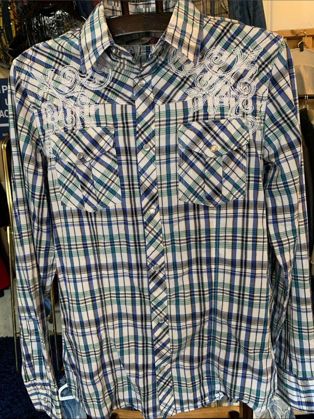 Men's Blue & Green Plaid Western Shirt with White Embroidery